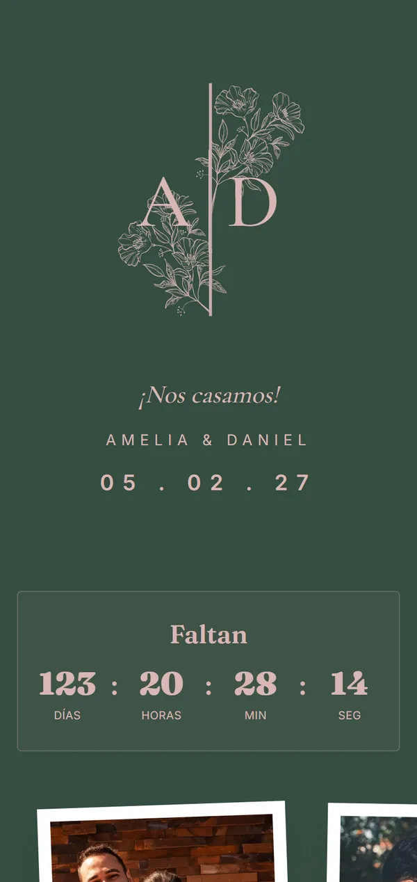 Invitación digital de boda con la plantilla Olivo en el tema Bosque y rosa